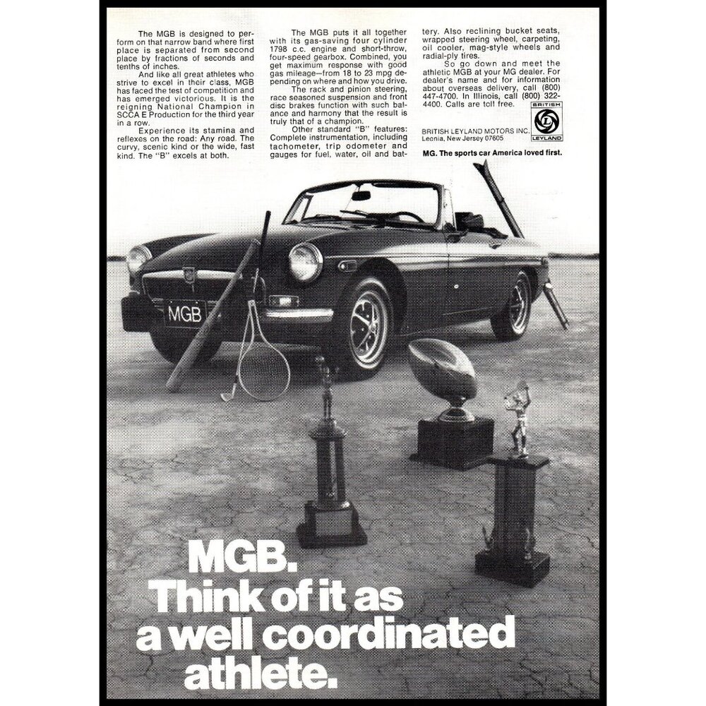 1974 MG MGB Convertible Roadster Vintage Print Ad Sports Tennis Golf Wall Art